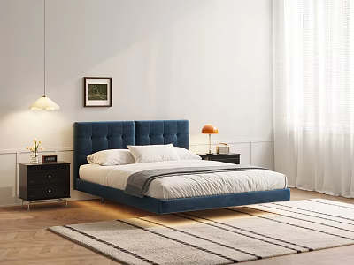 Blue Tufted Double Bed With Nightstands Table Lamps Area Rug And White Wall Art 3d model