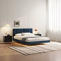 Blue Tufted Double Bed With Nightstands Table Lamps Area Rug And White Wall Art