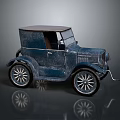 Vintage Blue Classic Car with Black Roof and Spoke Wheels on Dark Reflective Surface