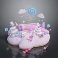 Pink Cloud Shaped Dessert Scene With Unicorn Lollipop Cake Cupcakes And Candies