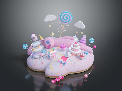 Pink Cloud Shaped Dessert Scene With Unicorn Lollipop Cake Cupcakes And Candies 3d model