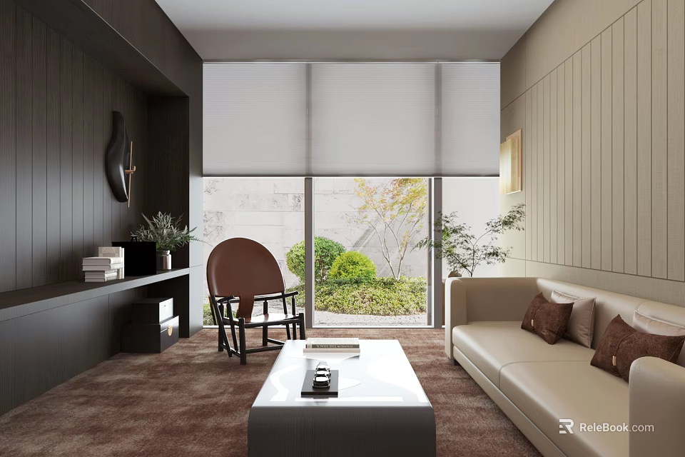 Modern Minimalist Living Room Interior Design With Large View Window Cozy Sofa And Stylish Armchair 3d model 