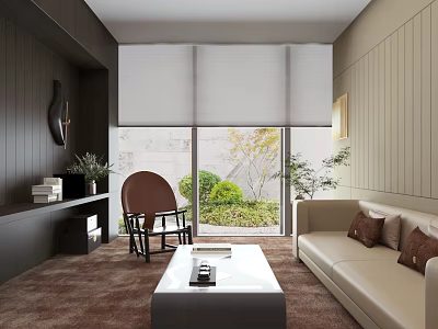 Modern Minimalist Living Room Interior Design With Large View Window Cozy Sofa And Stylish Armchair 3d model