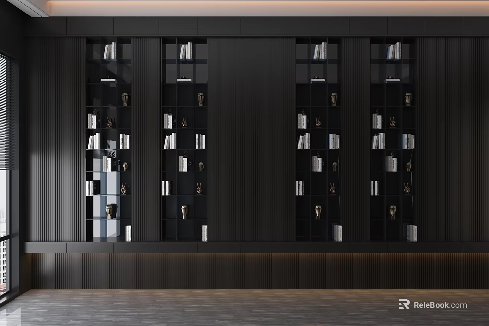 Modern Dark Colored Shelving Unit With Multiple Compartments And Decorative Items 3d model 