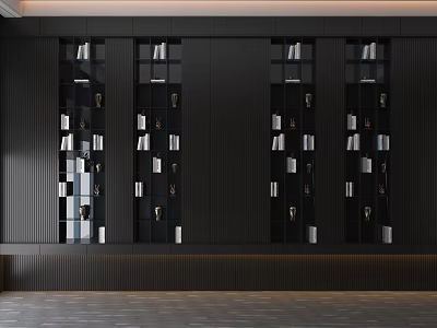 Modern Dark Colored Shelving Unit With Multiple Compartments And Decorative Items 3d model
