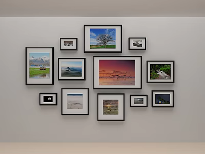 Creative Wall Decor With Various Landscape Photo Frames In Irregular Arrangement 3d model
