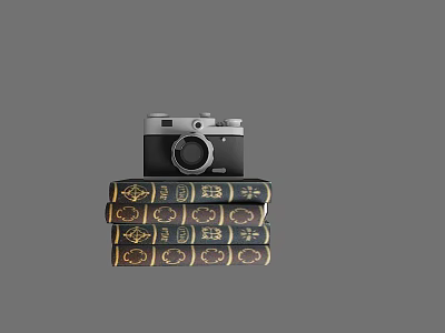 Vintage Digital Camera Resting On Stack Of Three Black Books With Gold Patterns Grey Background 3d model