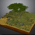 Realistic Landscape Model With Green Tree Grass Stones And Red Base