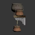 Wooden Wall Storage Shelf With Metal Hooks And Hanging Pots Kettle Containers