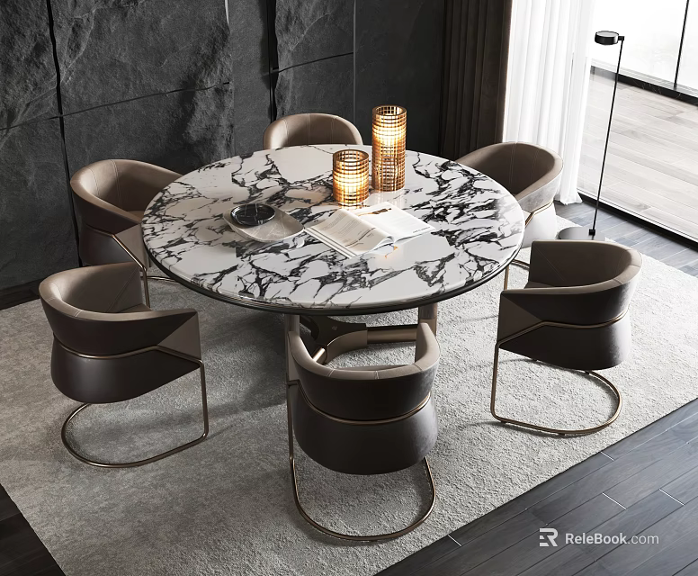 Elegant Modern Dining Room Table Set With Marble Top And Leather Chairs 3d model
