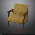 Stylish Armchair With Yellow Patterned Cushion Backrest And Wooden Armrests Legs