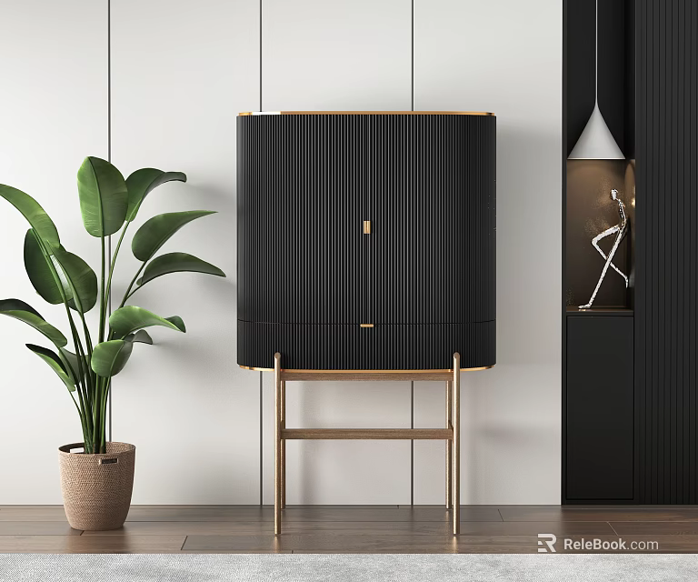 Modern Black Console And Side Cabinet With Gold Frame Design And Green Plant Decor 3d model 