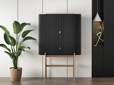 Modern Black Console And Side Cabinet With Gold Frame Design And Green Plant Decor 3d model