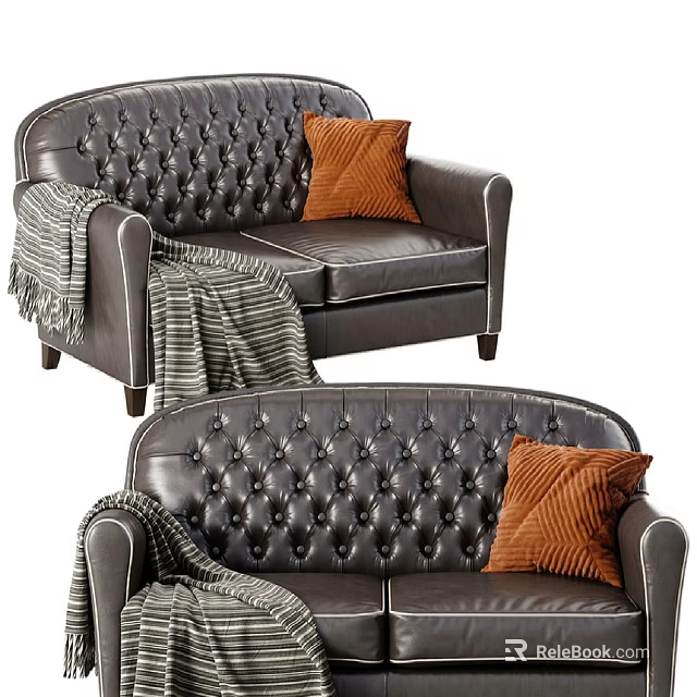 Dark Leather Double Sofa With Tufted Design Orange Pillow And Striped Blanket 3d model 
