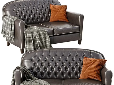 Dark Leather Double Sofa With Tufted Design Orange Pillow And Striped Blanket 3d model