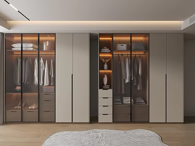 Modern Walk in Closet with Glass Doors Hanging Folded Clothes and Drawers 3d model