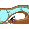 Unique Curved Wooden Playground Equipment With Transparent Blue Sections And Children Playing Inside