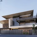 Modern Detached Villa With Two Story Wood Glass Facade Large Windows Balcony And Landscaped Garden