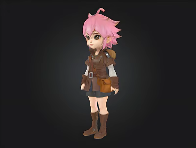 Cartoon Character With Short Pink Hair Brown Outfit Boots And Small Bag 3d model