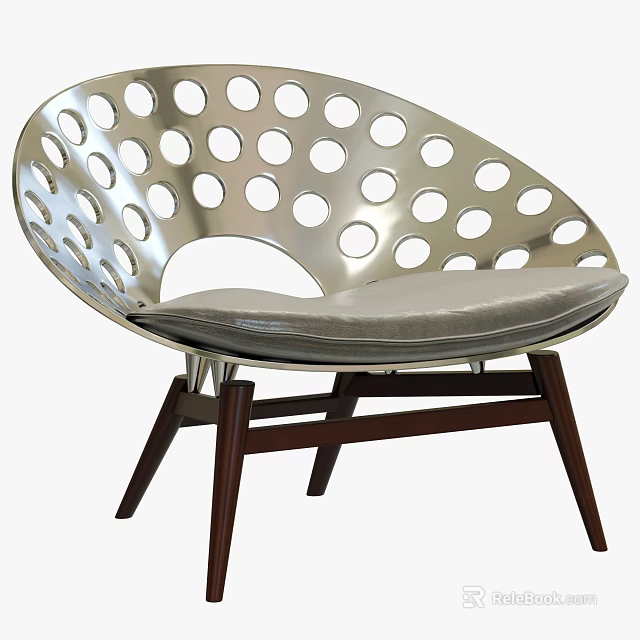 Stylish Modern Leisure Chair with Perforated Metal Frame Light Gray Cushion and Dark Wooden Legs 3d model 