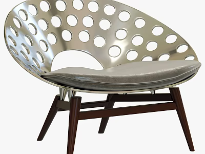 Stylish Modern Leisure Chair with Perforated Metal Frame Light Gray Cushion and Dark Wooden Legs 3d model