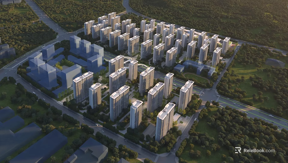 Modern High Rise Residential Buildings Surrounded by Green Trees Roads and Lush Vegetation 3d model 