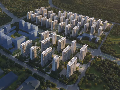 Modern High Rise Residential Buildings Surrounded by Green Trees Roads and Lush Vegetation 3d model