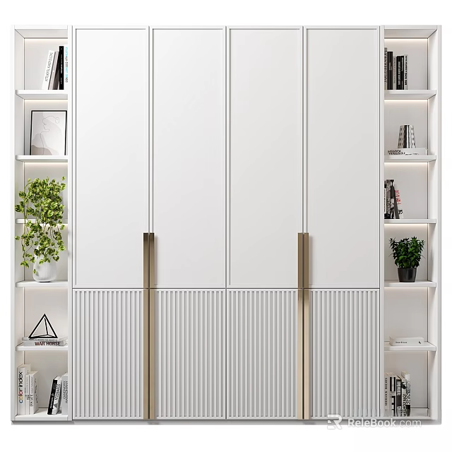 White Modern Chest of Drawers with Golden Handles and Side Shelves with Potted Plants 3d model 