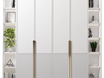 White Modern Chest of Drawers with Golden Handles and Side Shelves with Potted Plants 3d model