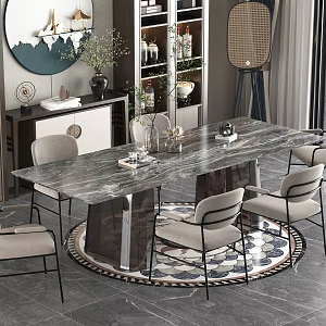 New Chinese Dining Table and Chair Wine Cabinet 3d model