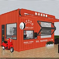 Red Container Hotpot Restaurant With Open Awning Glass Windows Doors And Red Scooter