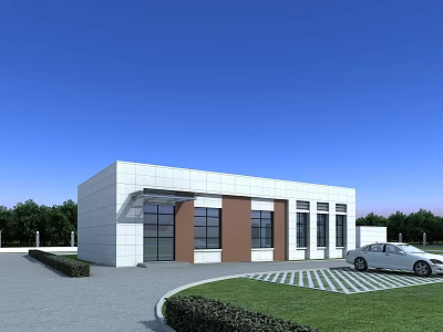 Modern Office Building Exterior With White Brown Facade Large Glass Windows Green Lawn And Trees 3d model
