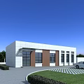 Modern Office Building Exterior With White Brown Facade Large Glass Windows Green Lawn And Trees