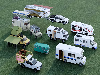 Assorted Toy Cars Including RVs Trucks And Various Colored Models On Grass 3d model