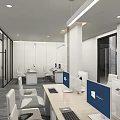 Modern Office Interior With Bookshelves Desk Chairs And Large Windows Blinds