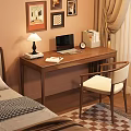 Cozy Bedroom Wooden Desk With Chair Lamp Laptop And Framed