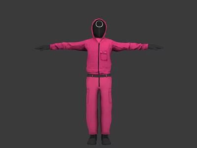 3D Model Of Pink Jumpsuit Character With Black Hood Circular Eye And Outstretched Arms 3d model