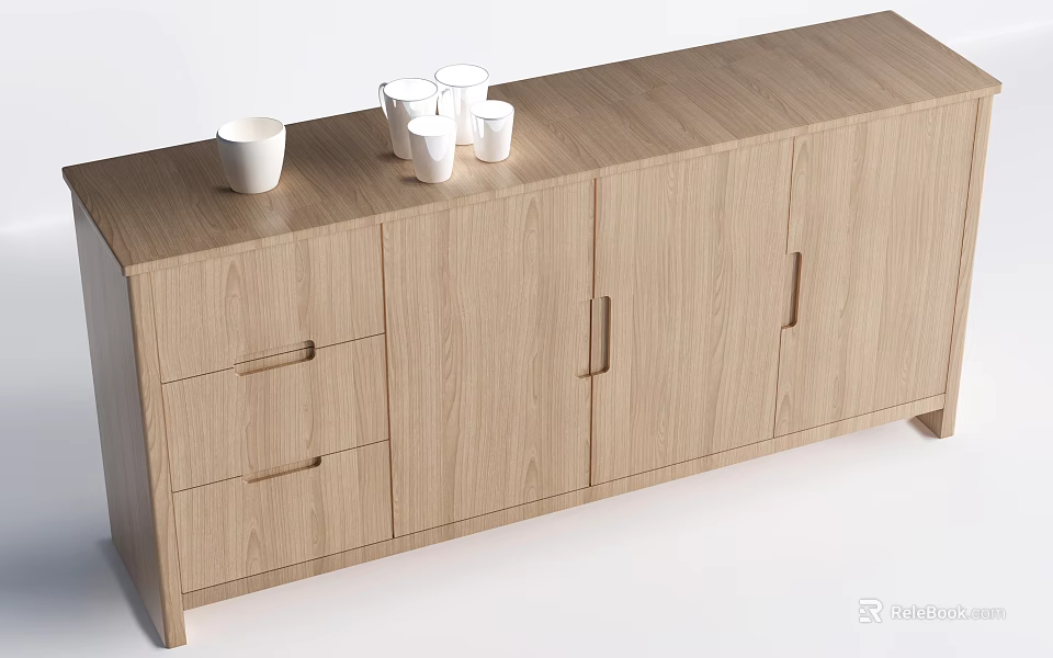 Modern Entryway Cabinet Sideboard in Light Wood with Drawers Doors and White Cups on Top 3d model 