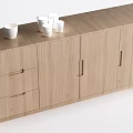 Modern Entryway Cabinet Sideboard in Light Wood with Drawers Doors and White Cups on Top