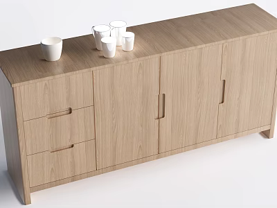 Modern Entryway Cabinet Sideboard in Light Wood with Drawers Doors and White Cups on Top 3d model