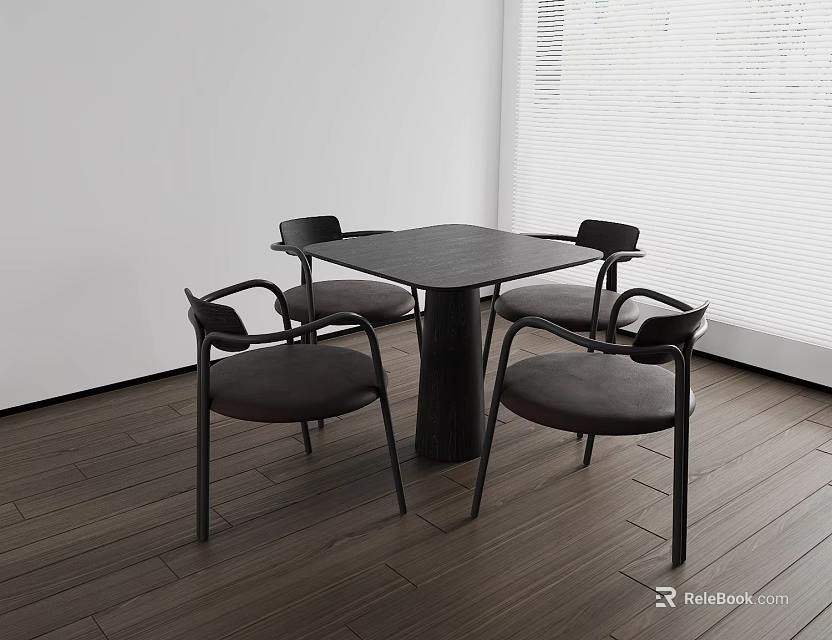 Modern Minimalist Black Square Table and Chairs Set with Curved Armrests Upholstered Cushions Wooden Floor 3d model 