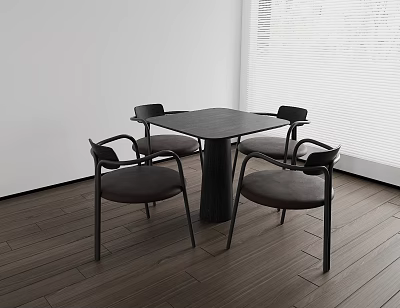 Modern Minimalist Black Square Table and Chairs Set with Curved Armrests Upholstered Cushions Wooden Floor 3d model