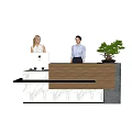 Modern Reception Desk With Wooden Countertop Illuminated Base Computer Green Plant And Staff Standing