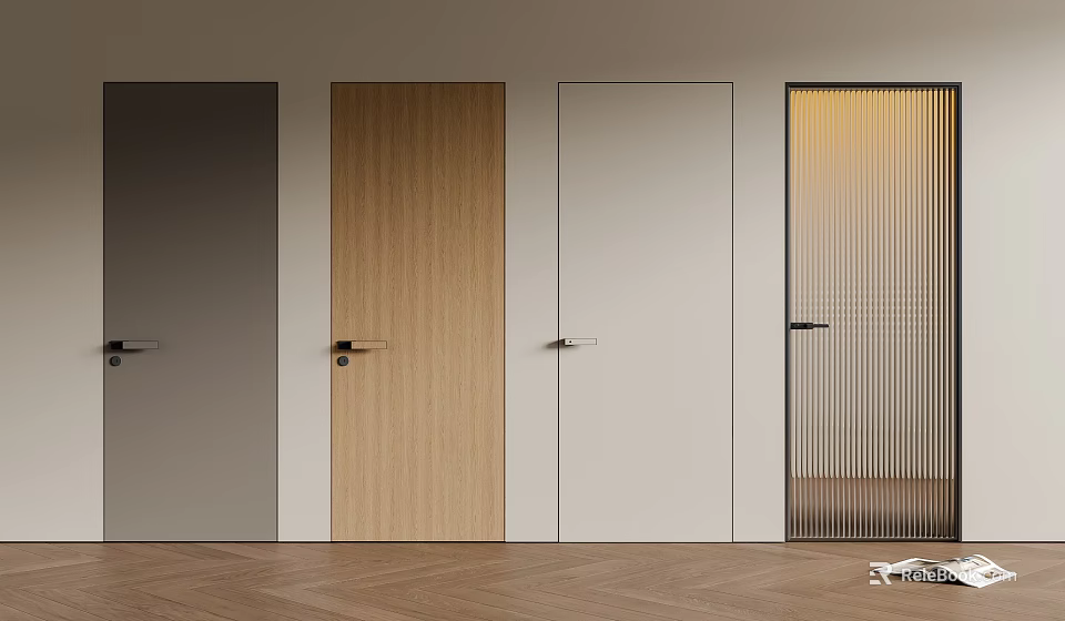 Modern Hinged Doors In Various Colors Featuring Wooden Glass Vertical Strips And Herringbone Flooring 3d model 