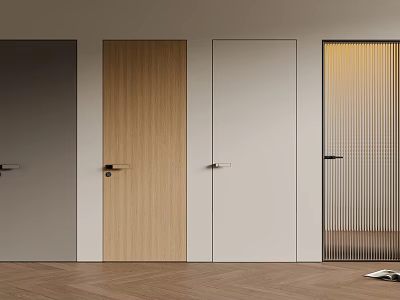Modern Hinged Doors In Various Colors Featuring Wooden Glass Vertical Strips And Herringbone Flooring 3d model