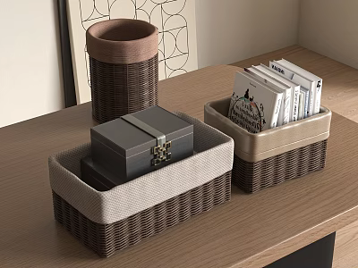 Woven Storage Baskets with Light Gray Trim Holding Books and Box on Wooden Tabletop 3d model