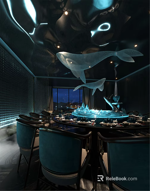 Elegant Private Dining Room Interior With Whale Sculptures Dining Table And Night View 3d model
