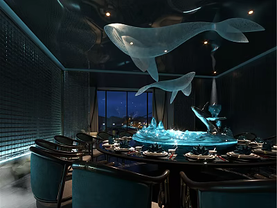 Elegant Private Dining Room Interior With Whale Sculptures Dining Table And Night View 3d model
