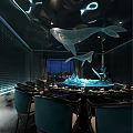 Elegant Private Dining Room Interior With Whale Sculptures Dining Table And Night View 3d model