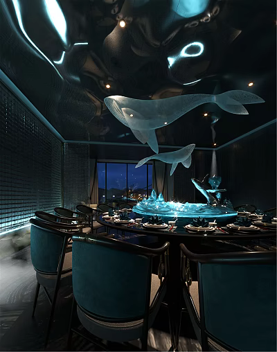Elegant Private Dining Room Interior With Whale Sculptures Dining Table And Night View 3d model